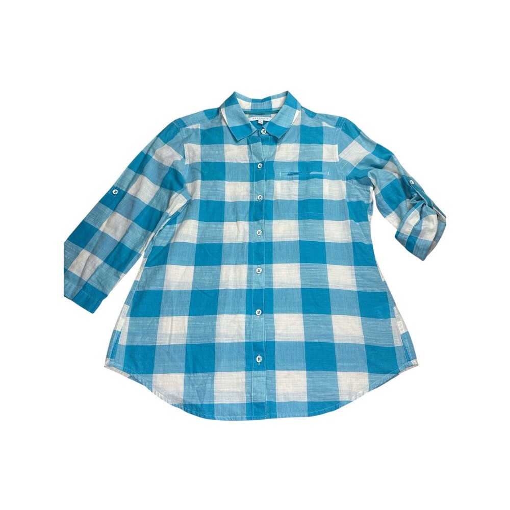 FoxCroft‎ Blue & White Gingham Button Down Shirt Roll Tab Sleeves Size 6